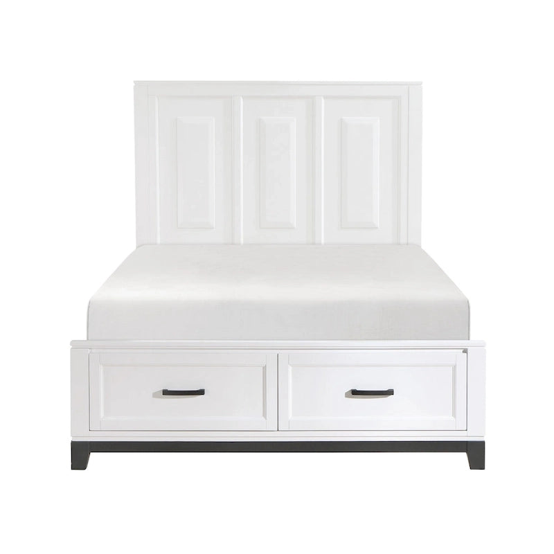 Lit plateforme queen en bois blanc avec 2 tiroirs de rangement, accents métalliques gris