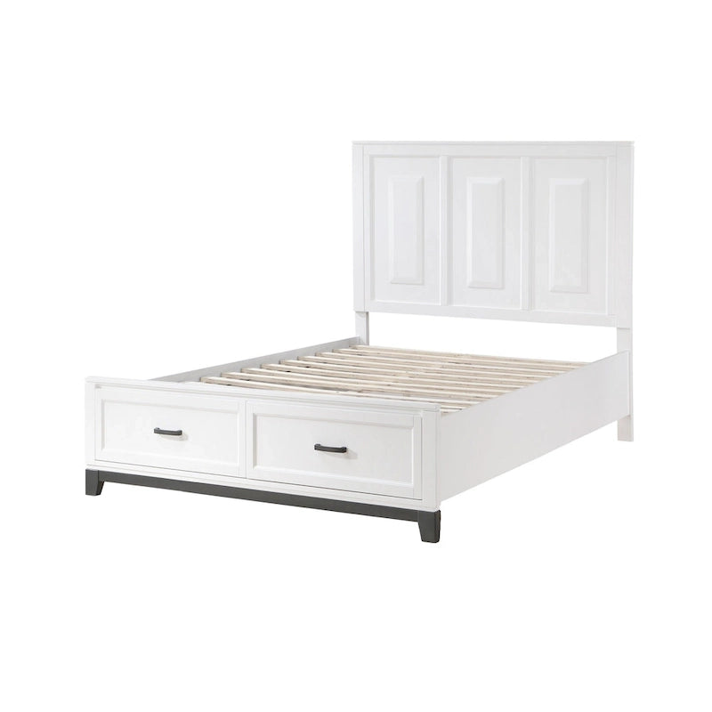 Lit plateforme queen en bois blanc avec 2 tiroirs de rangement, accents métalliques gris