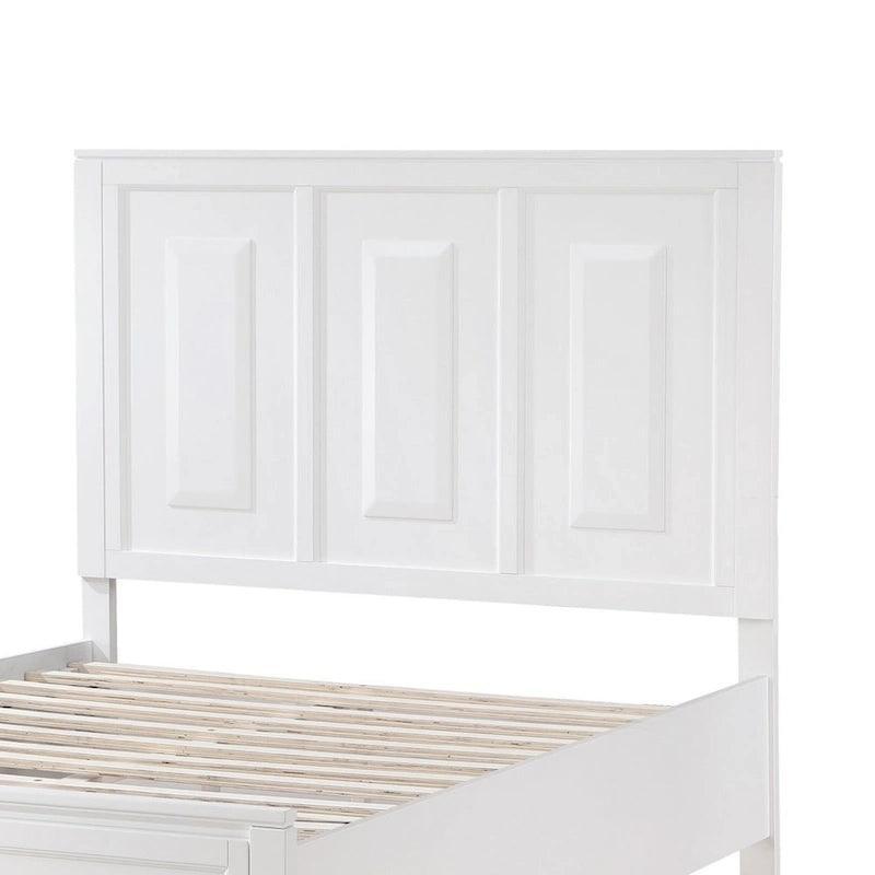 Lit plateforme queen en bois blanc avec 2 tiroirs de rangement, accents métalliques gris