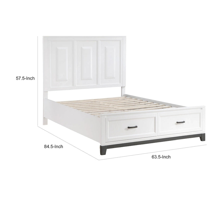 Lit plateforme queen en bois blanc avec 2 tiroirs de rangement, accents métalliques gris