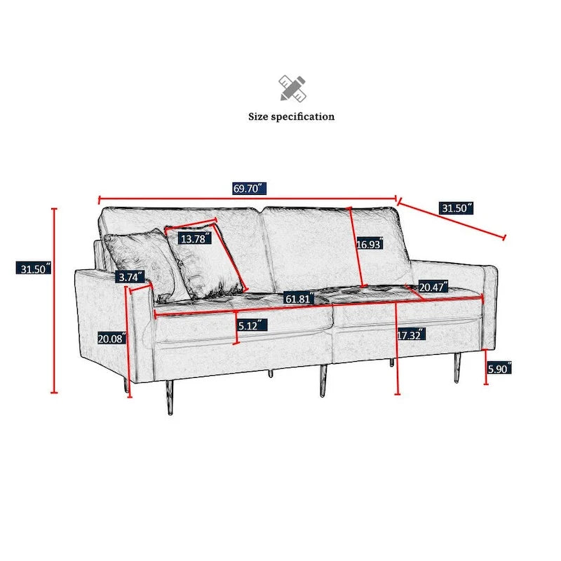 Canapé moderne en velours avec pieds en métal doré et coussins décoratifs