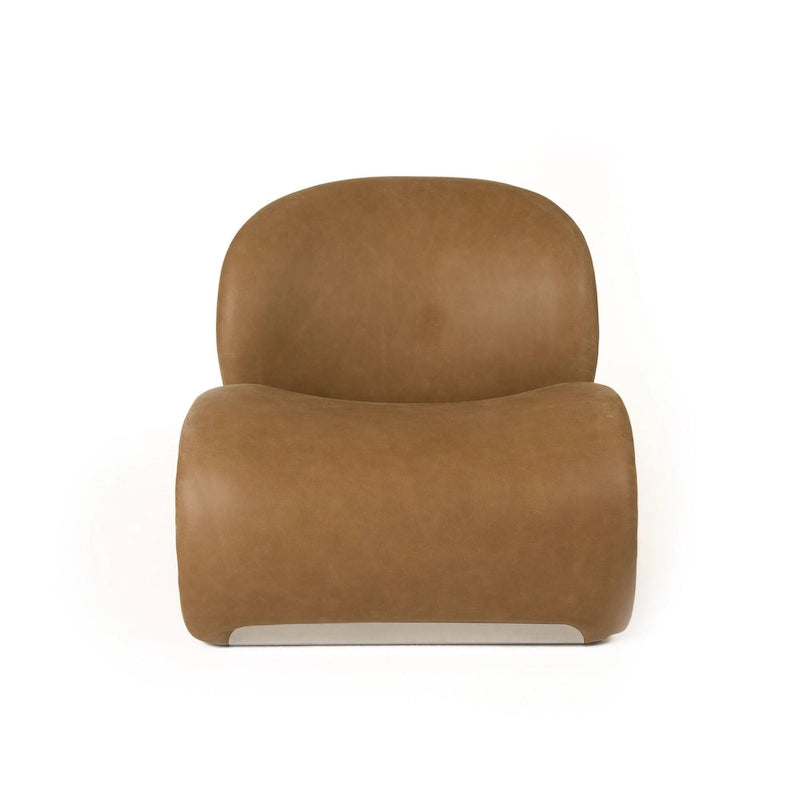 Fauteuil d'appoint incurvé en cuir véritable marron avec piètement en acier inoxydable