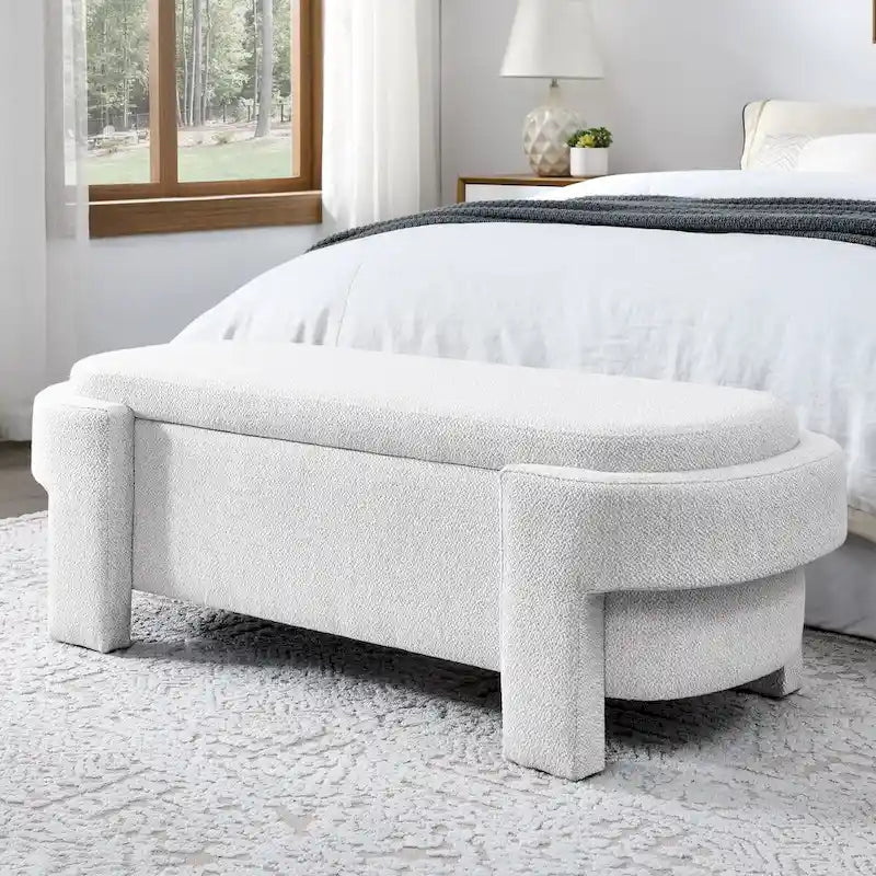 Banc de rangement capitonné en lin avec couvercle à charnière Beige Blanc