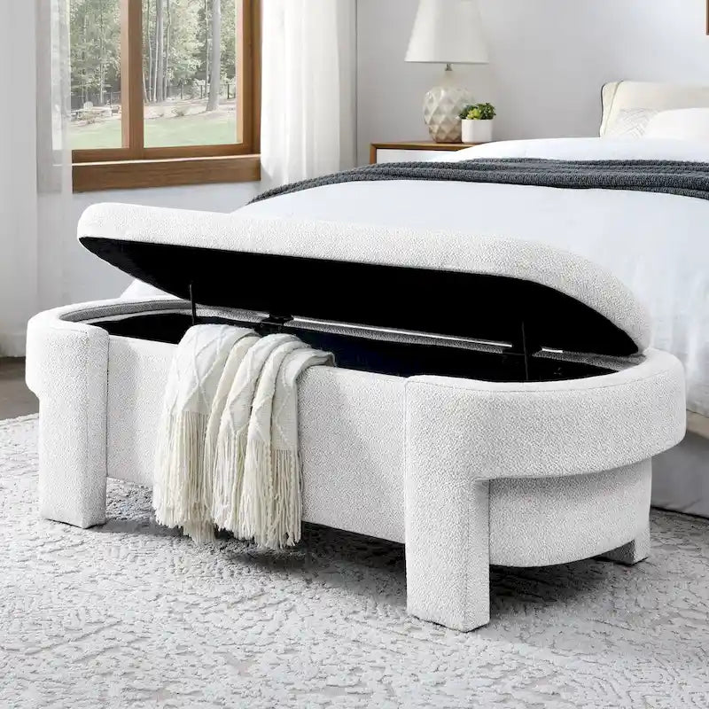 Banc de rangement capitonné en lin avec couvercle à charnière Beige Blanc