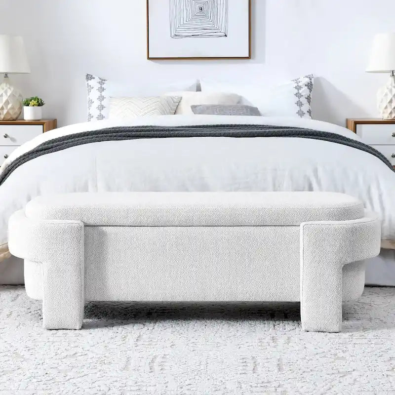 Banc de rangement capitonné en lin avec couvercle à charnière Beige Blanc