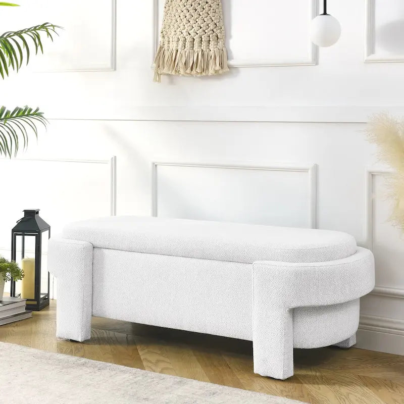 Banc de rangement capitonné en lin avec couvercle à charnière Beige Blanc
