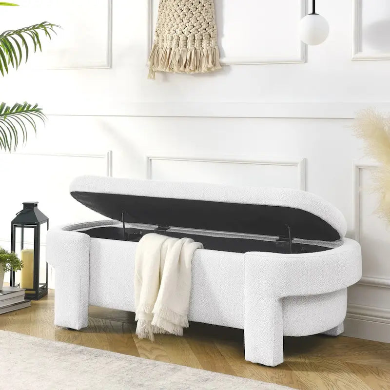 Banc de rangement capitonné en lin avec couvercle à charnière Beige Blanc