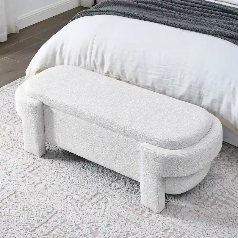 Banc de rangement capitonné en lin avec couvercle à charnière Beige Blanc