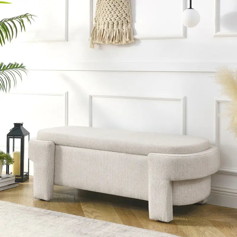 Banc de rangement capitonné en lin avec couvercle à charnière Beige Blanc