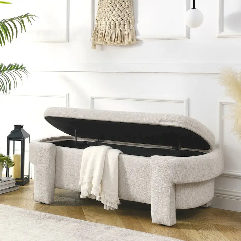 Banc de rangement capitonné en lin avec couvercle à charnière Beige Blanc