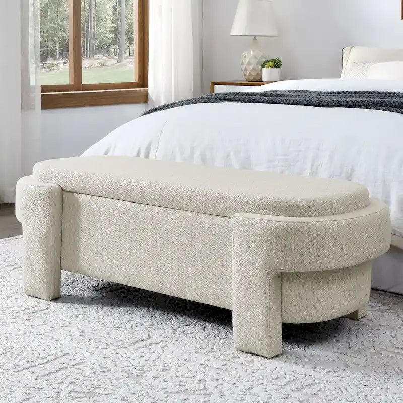 Banc de rangement capitonné en lin avec couvercle à charnière Beige Blanc