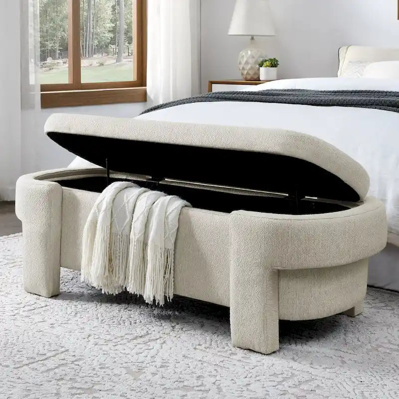 Banc de rangement capitonné en lin avec couvercle à charnière Beige Blanc