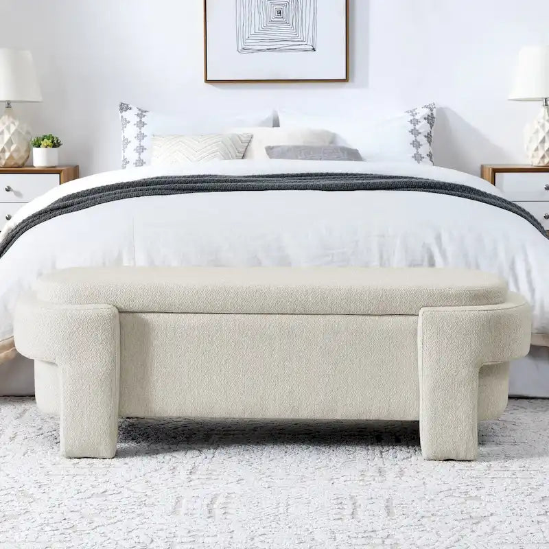 Banc de rangement capitonné en lin avec couvercle à charnière Beige Blanc