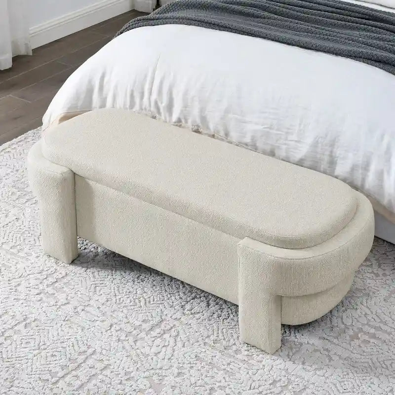 Banc de rangement capitonné en lin avec couvercle à charnière Beige Blanc