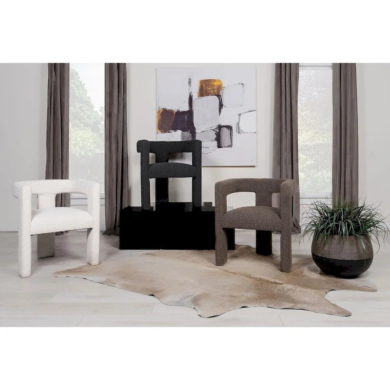 Fauteuil en bouclette à dossier ouvert et piètement à trois pieds, blanc, chocolat, noir
