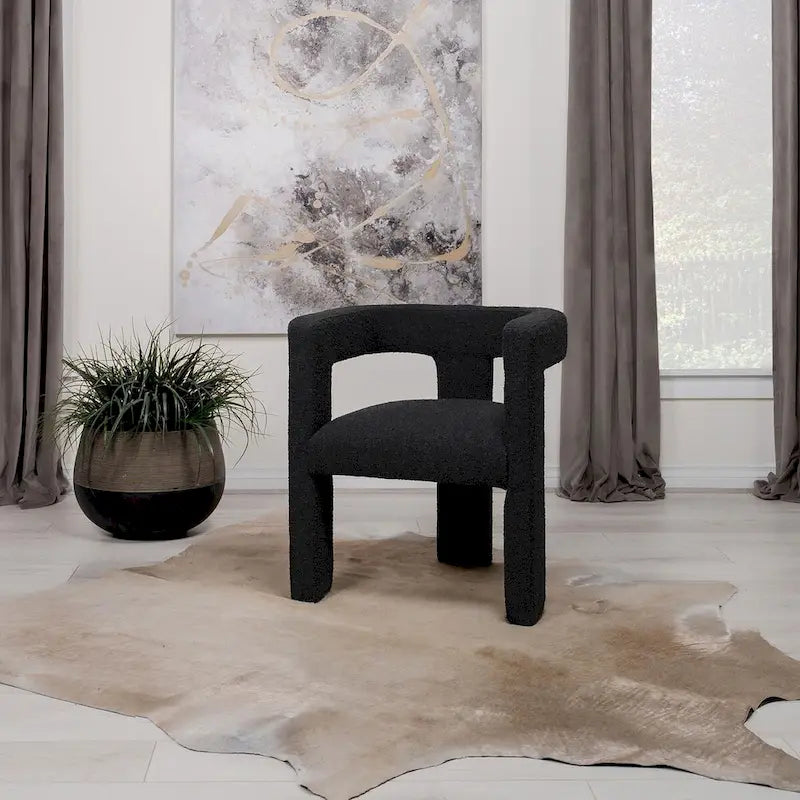 Fauteuil en bouclette à dossier ouvert et piètement à trois pieds, blanc, chocolat, noir