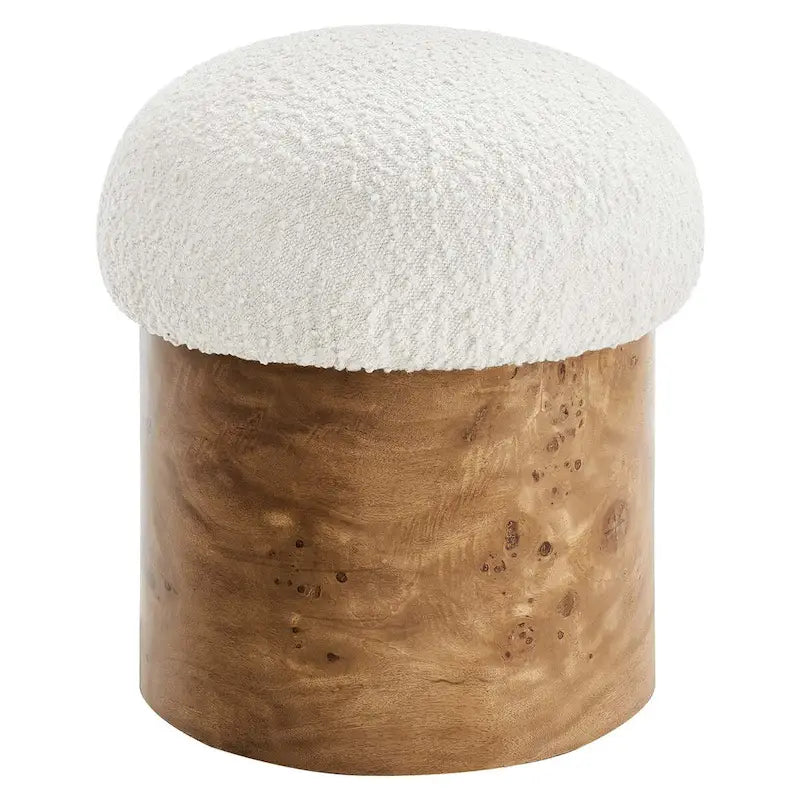 Pouf rond bouclé champignon ivoire, piètement en loupe de bois.