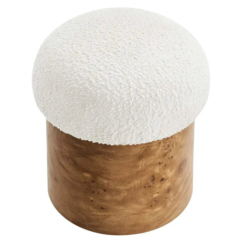 Pouf rond bouclé champignon ivoire, piètement en loupe de bois.