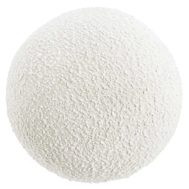 Pouf rond bouclé champignon ivoire, piètement en loupe de bois.