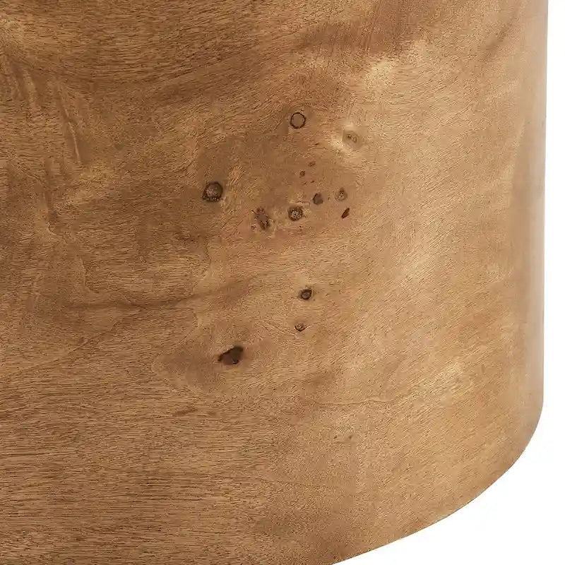 Pouf rond bouclé champignon ivoire, piètement en loupe de bois.