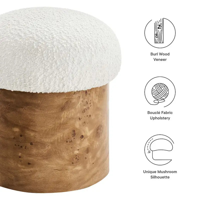 Pouf rond bouclé champignon ivoire, piètement en loupe de bois.