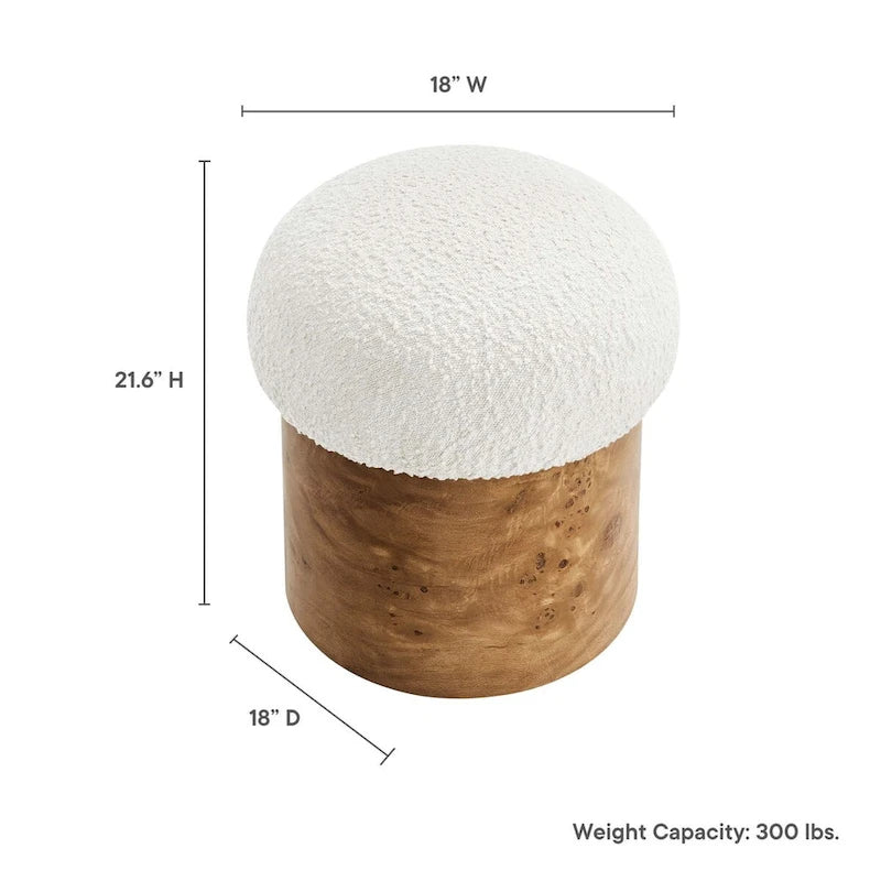 Pouf rond bouclé champignon ivoire, piètement en loupe de bois.