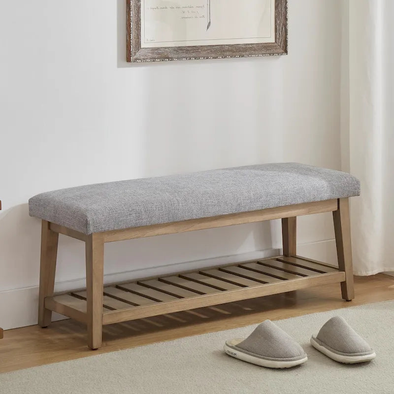 Banc d'entrée rembourré avec étagère de rangement en bois massif et lin