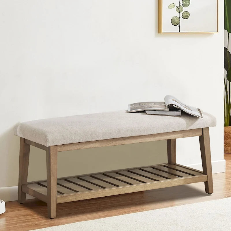 Banc d'entrée rembourré avec étagère de rangement en bois massif et lin