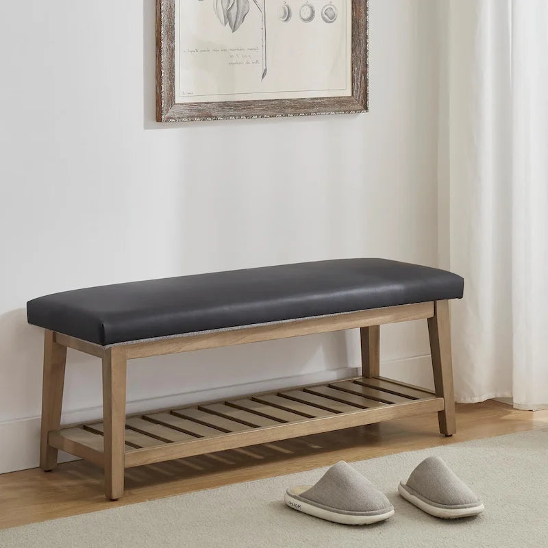 Banc d'entrée rembourré avec étagère de rangement en bois massif et lin