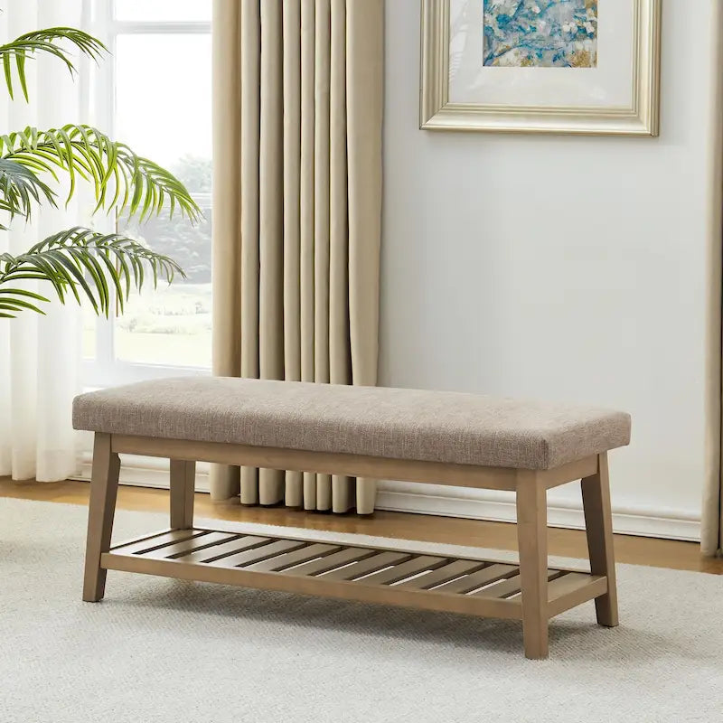 Banc d'entrée rembourré avec étagère de rangement en bois massif et lin
