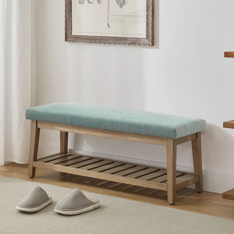 Banc d'entrée rembourré avec étagère de rangement en bois massif et lin