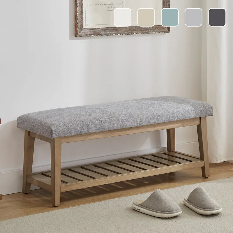 Banc d'entrée rembourré avec étagère de rangement en bois massif et lin