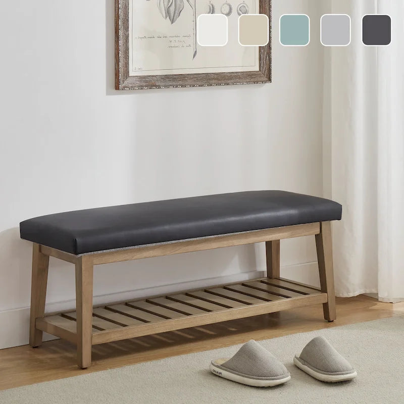 Banc d'entrée rembourré avec étagère de rangement en bois massif et lin