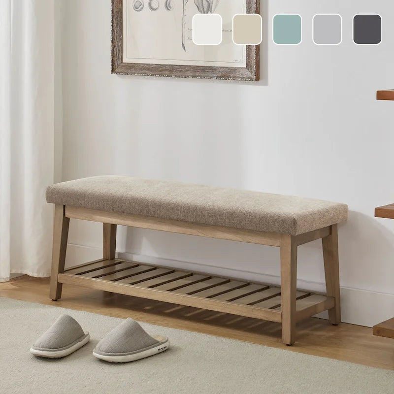 Banc d'entrée rembourré avec étagère de rangement en bois massif et lin