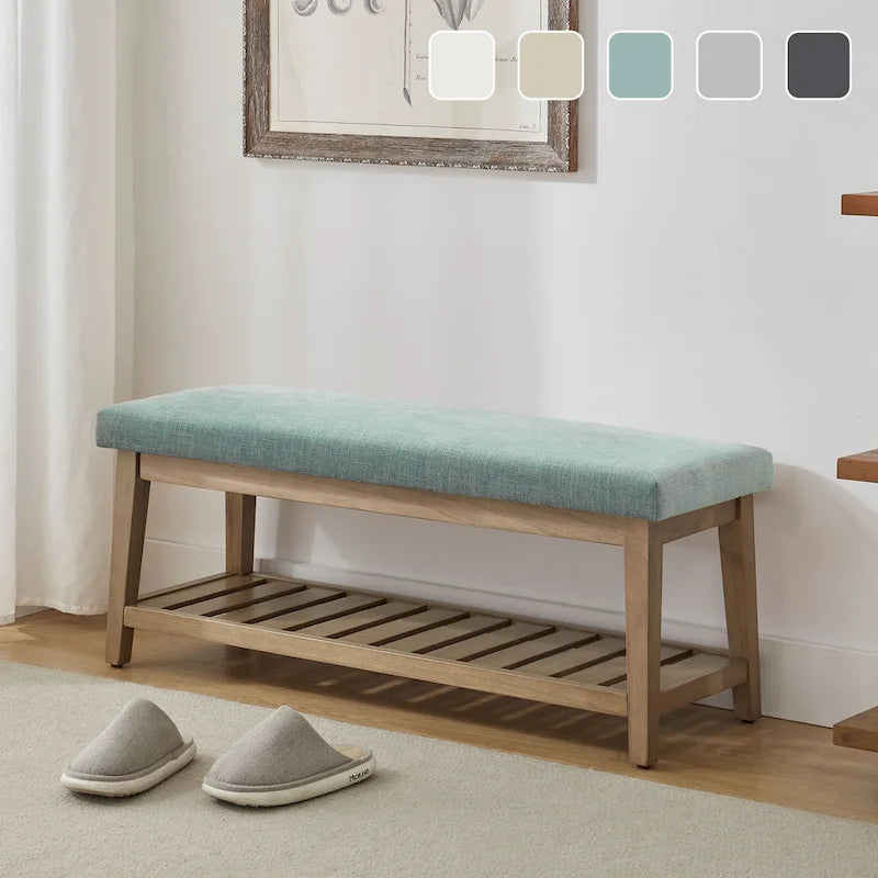Banc d'entrée rembourré avec étagère de rangement en bois massif et lin