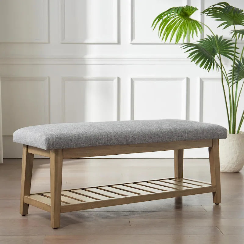 Banc d'entrée rembourré avec étagère de rangement en bois massif et lin