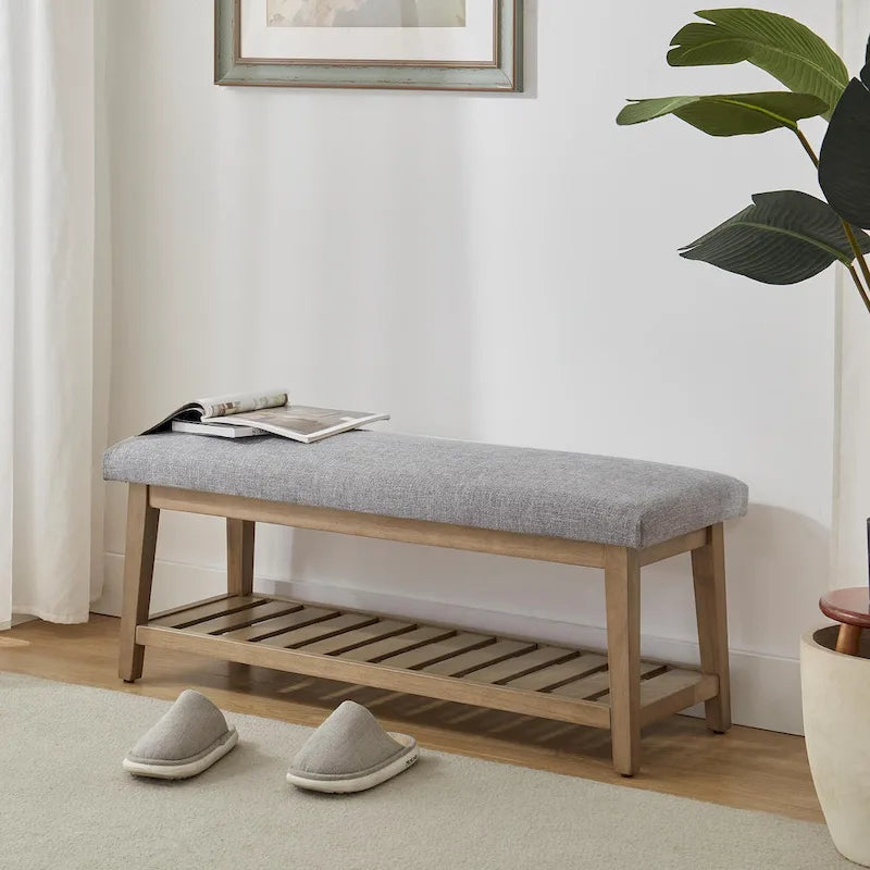 Banc d'entrée rembourré avec étagère de rangement en bois massif et lin