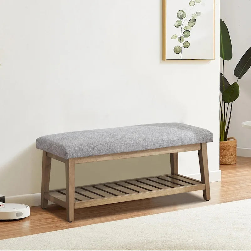 Banc d'entrée rembourré avec étagère de rangement en bois massif et lin