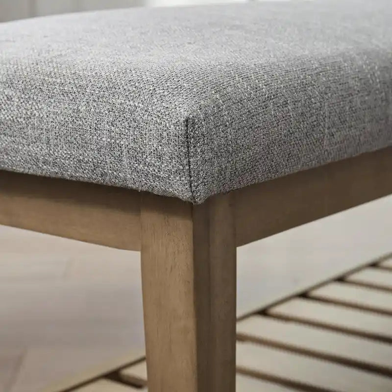 Banc d'entrée rembourré avec étagère de rangement en bois massif et lin