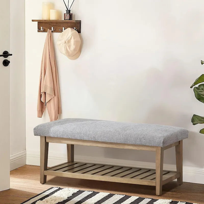 Banc d'entrée rembourré avec étagère de rangement en bois massif et lin