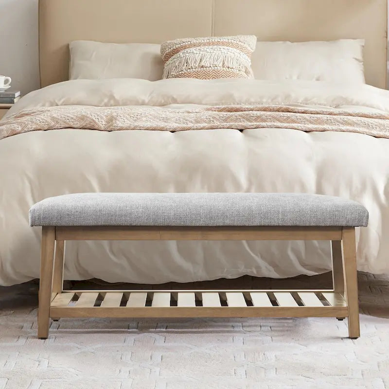 Banc d'entrée rembourré avec étagère de rangement en bois massif et lin