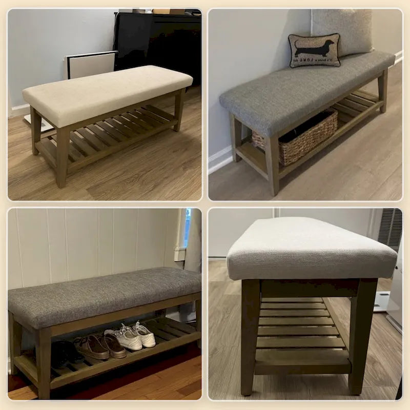 Banc d'entrée rembourré avec étagère de rangement en bois massif et lin