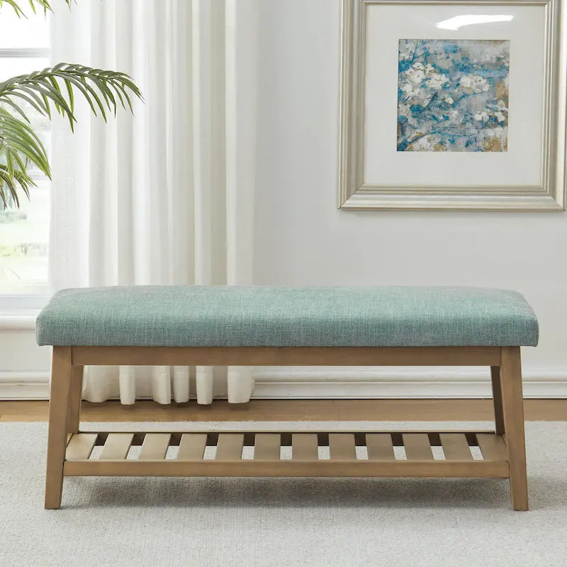 Banc d'entrée rembourré avec étagère de rangement en bois massif et lin
