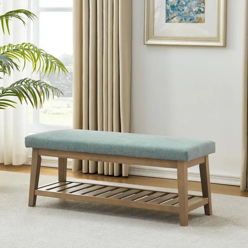 Banc d'entrée rembourré avec étagère de rangement en bois massif et lin