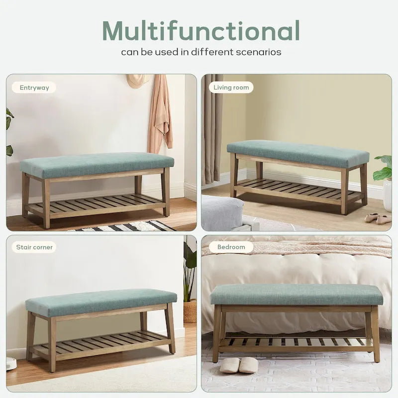 Banc d'entrée rembourré avec étagère de rangement en bois massif et lin