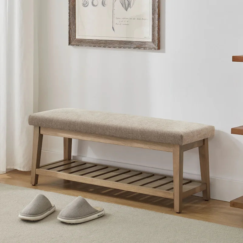 Banc d'entrée rembourré avec étagère de rangement en bois massif et lin