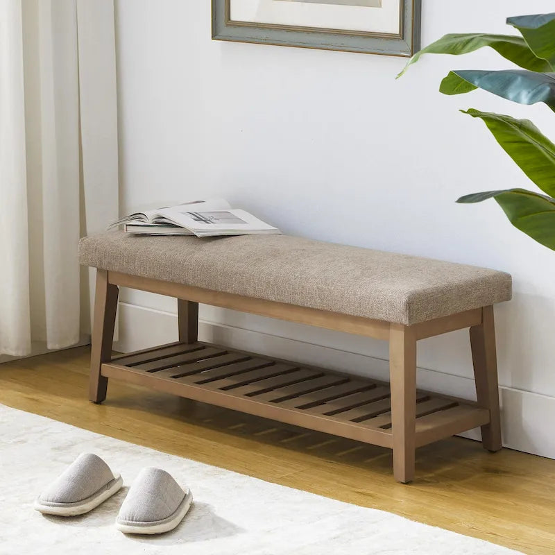 Banc d'entrée rembourré avec étagère de rangement en bois massif et lin
