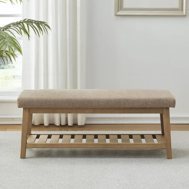 Banc d'entrée rembourré avec étagère de rangement en bois massif et lin