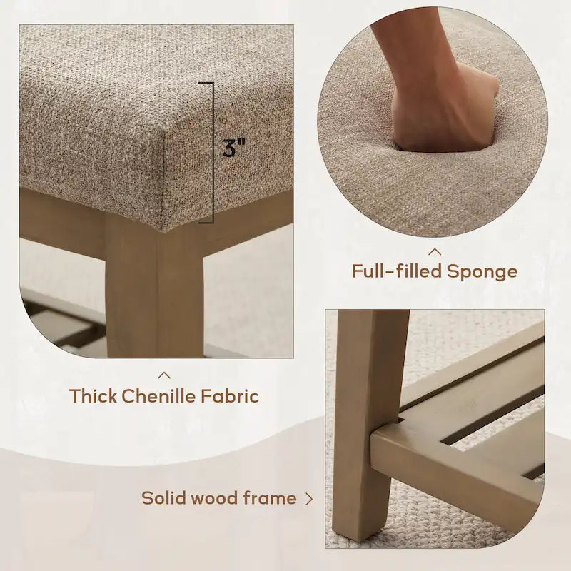 Banc d'entrée rembourré avec étagère de rangement en bois massif et lin