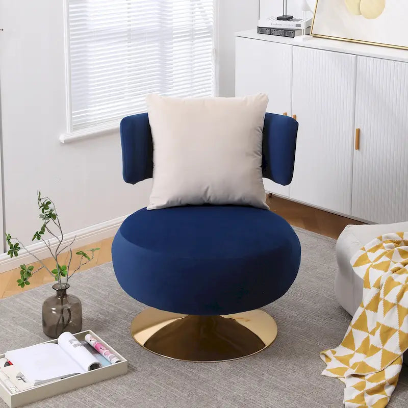 Fauteuil pivotant rembourré avec base en métal doré et dossier enveloppant